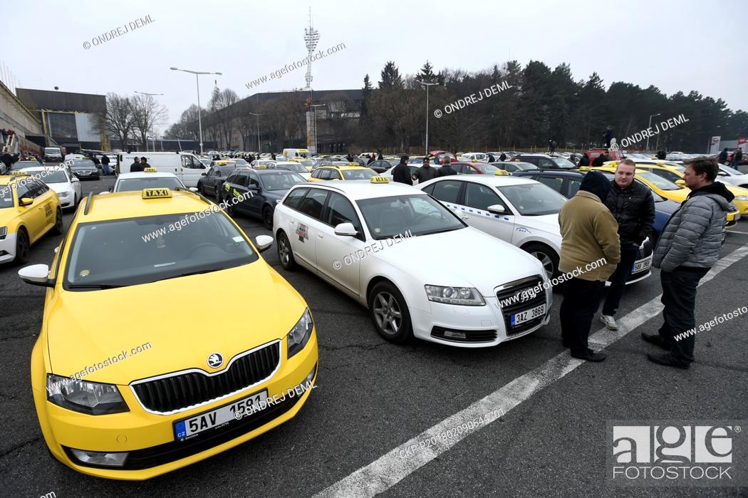 Stock Photo: Association of Czech Taxi Drivers organises second protest against services of Uber type. Taxi drivers meet at Strahov, Prague, Czech Republic, on Friday.
