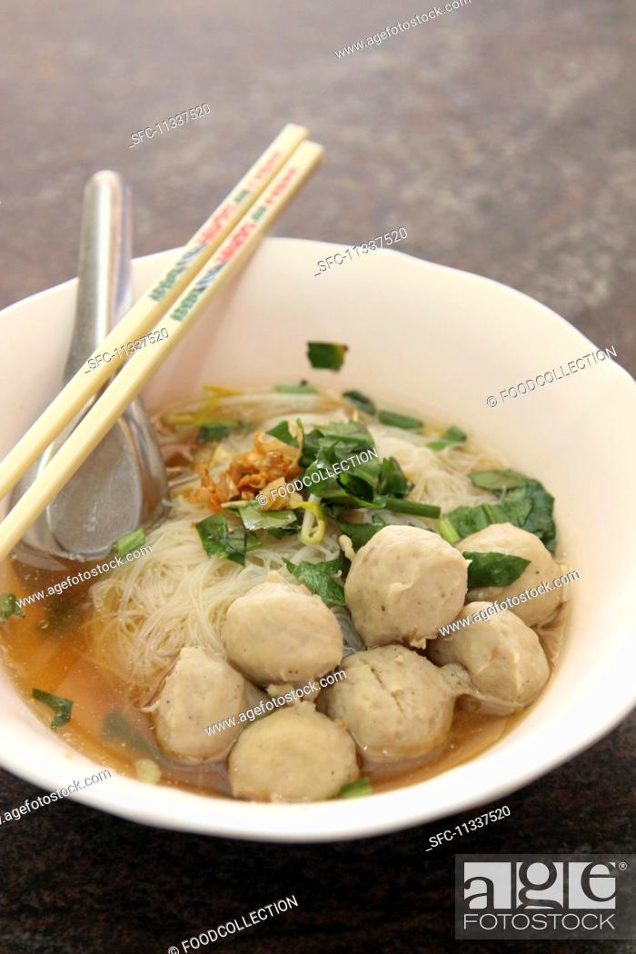 Stock Photo: Noodle soup with meatballs and coriander.