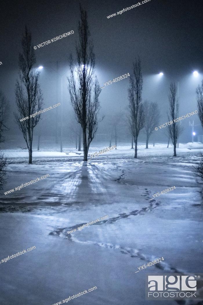 Stock Photo: Footsteps in the snow. Foggy night on a suburban street in winter.