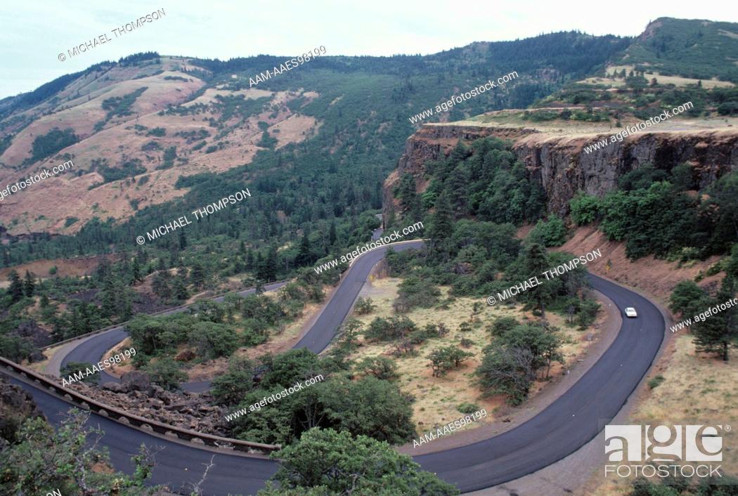 Stock Photo: Rowena Loops Section of old scenic Hwy near the Dalles, Columbia River Gorge, Oregon.
