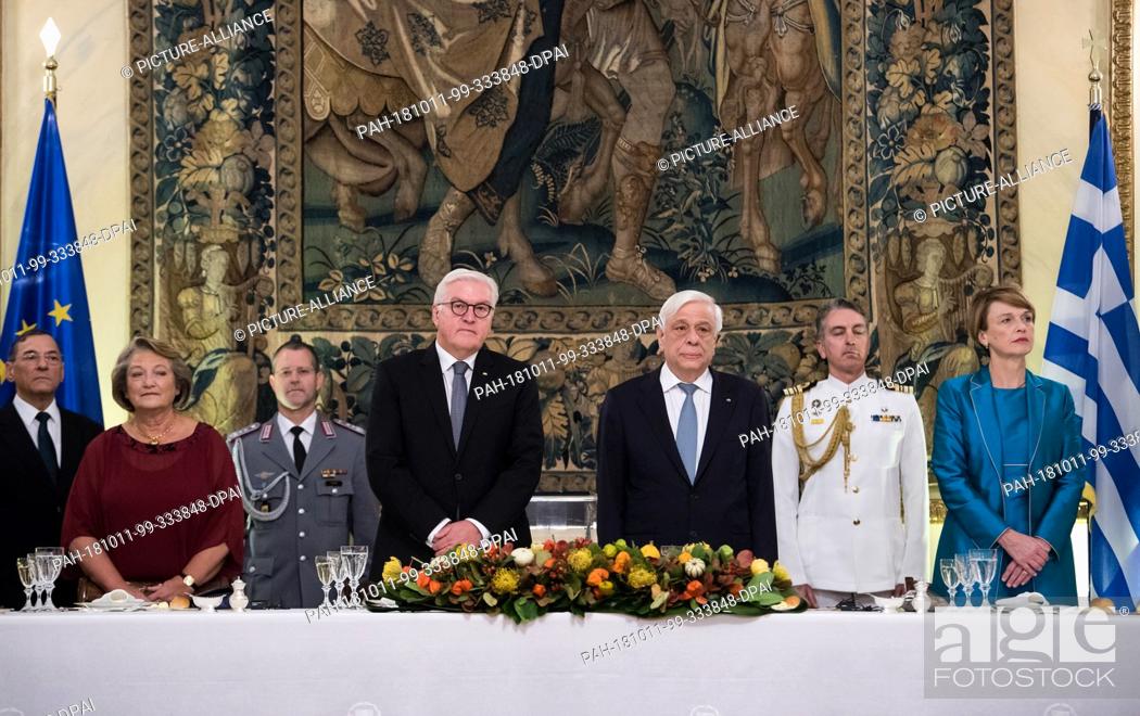 Stock Photo: 11 October 2018, Greece, Athens: Federal President Frank-Walter Steinmeier (4th from left) and his wife Elke Büdenbender (r).