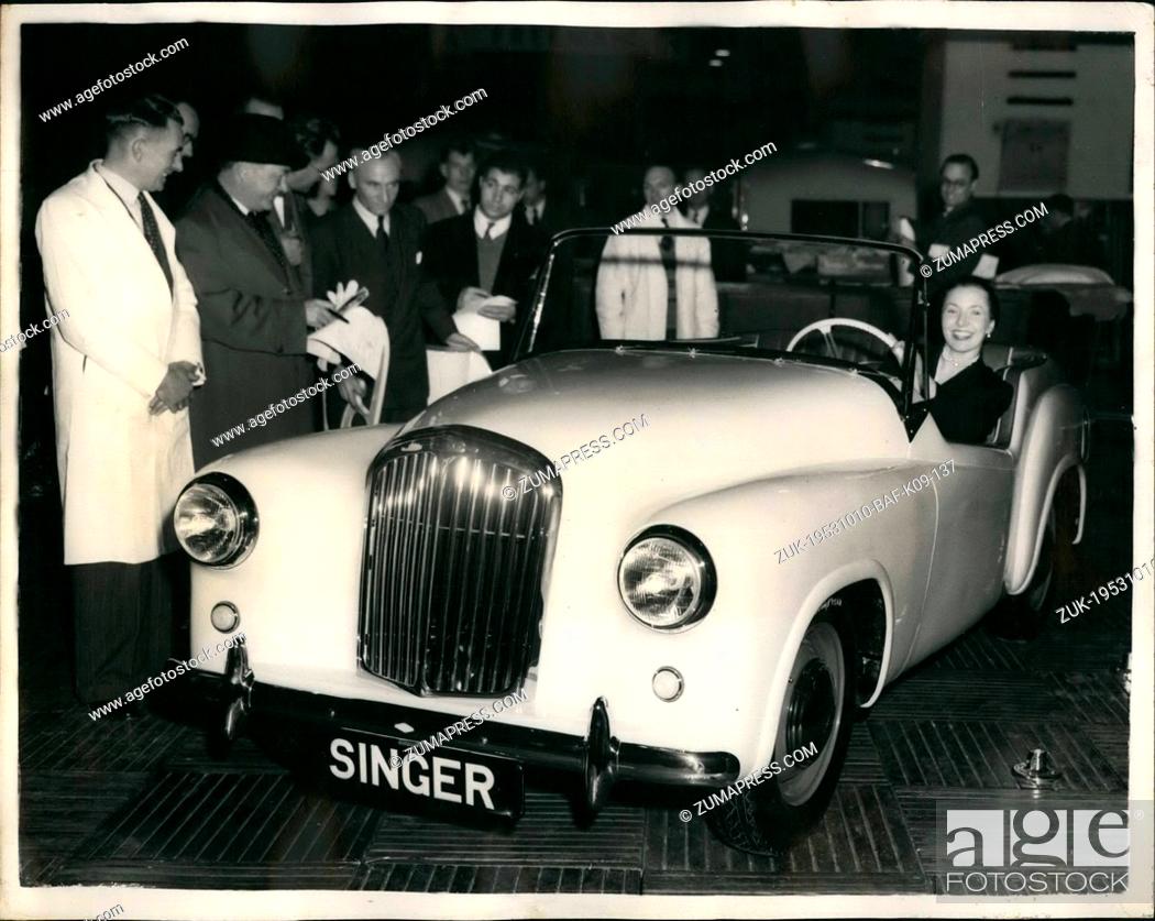 Stock Photo: Oct. 10, 1953 - The First British Plastic Bodied Car Press Preview Of the Earls Count Motor Show: Photo Shows View of the new singer Smx, a standard Singer.