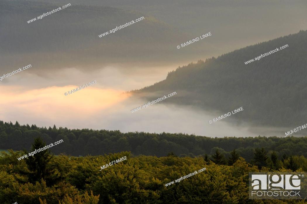 Stock Photo: View from Katzenbuckel mountain with morning mist, Waldbrunn, Baden-Wurttemberg, Germany.