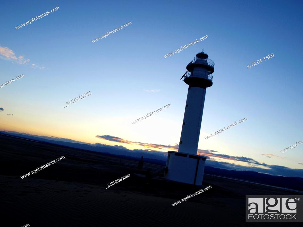 Stock Photo: Lighthouse, Punta del Fangar. Natural Park of Delta del Ebro, Tarragona, Catalonia, Spain.