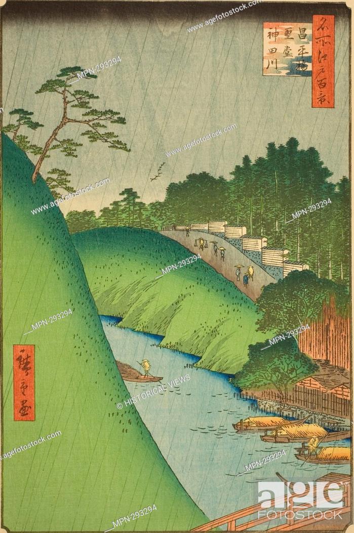 Stock Photo: Author: Utagawa Hiroshige. Seido and Kanda River from Shohei Bridge (Shoheibashi Seido Kandagawa), from the series 'One Hundred Famous Views of Edo (Meisho Edo.