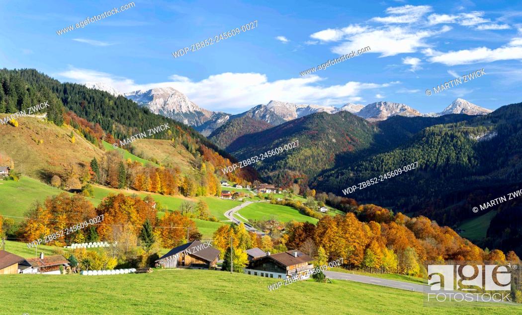 Stock Photo: Landscape in the region Berchtesgadener Land, in the background the mountains of the NP Berchtesgaden with Mt. Hoher Goell and the Hagengebirge.