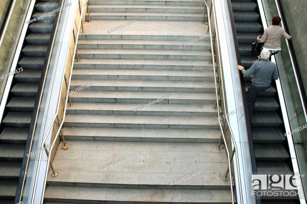 Stock Photo: Escalators and stairs in subway station, Passeig de Gracia, Barcelona. Catalonia, Spain.