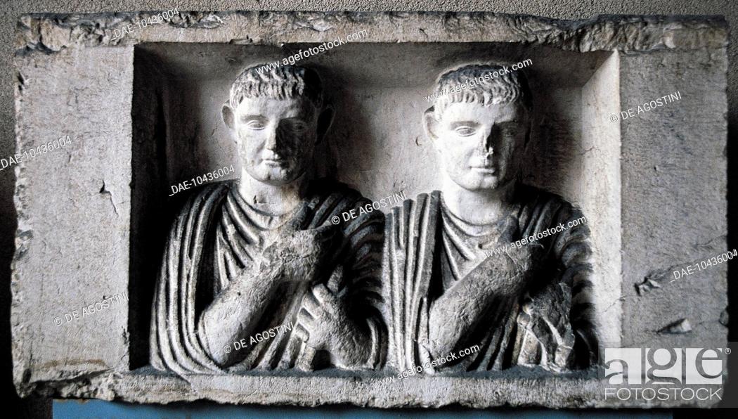 Stock Photo: Roman Empire relief depicting two men in tunics, Brescia, Lombardy, Italy.  Brescia, Museo Civico Dell'Età Romana E Tempio Capitolino (Archaeological Museum).