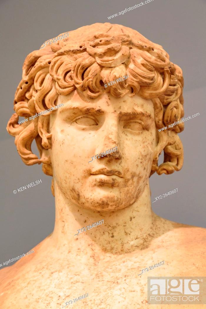 Stock Photo: Delphi, Phocis, Greece. Delphi Archaeological museum. Detail of cult statue of Antinoos or Antinous, circa 111-130, Bithynian-Greek youth and lover of the Roman.