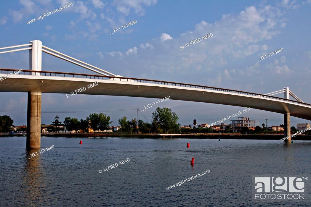 Stock Photo: Lo passador bridge, Ebro river, Deltebre, Catalonia, Spain.