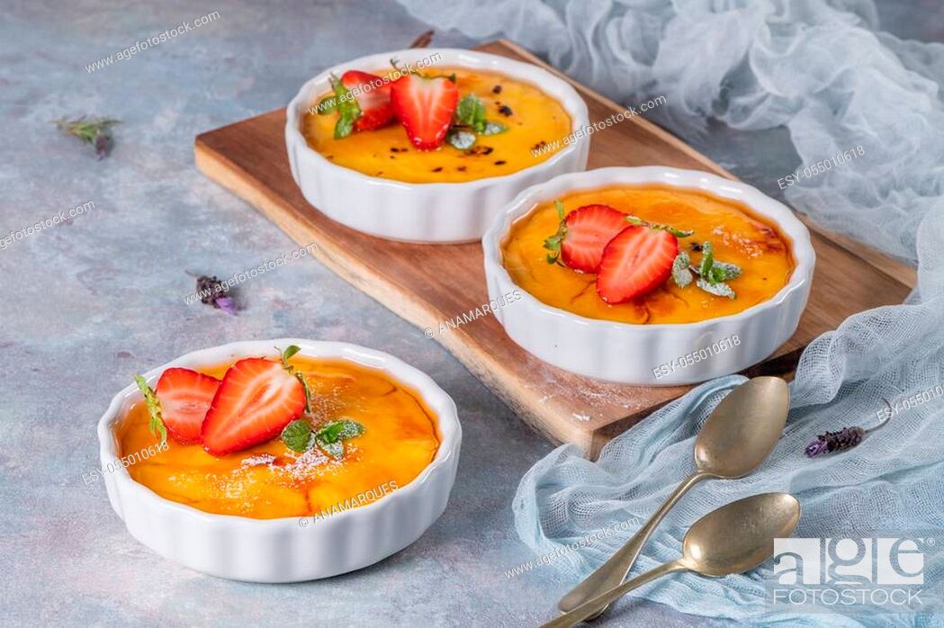 Stock Photo: Creme brulee - traditional french vanilla cream dessert with caramelised sugar on top. Leite creme, portuguese desert.