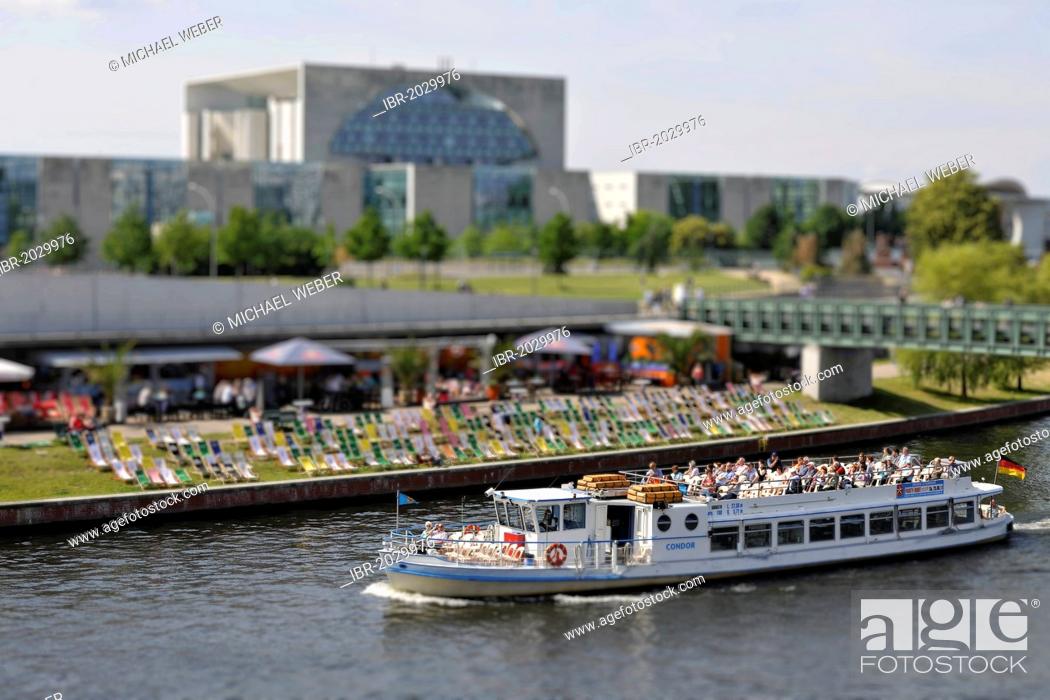 Stock Photo: Excursion boat in front of the beach bar in the Spreebogen Park and the German Chancellery, miniature faking, smallgantics, tilt-shift effect, Spreebogen.