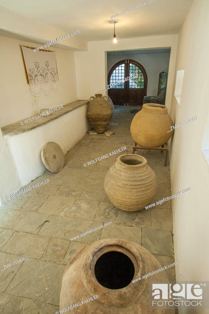 Stock Photo: Display of old clay jars at the Ethnographic Museum in Gjirokastra, a town in southern Albania.