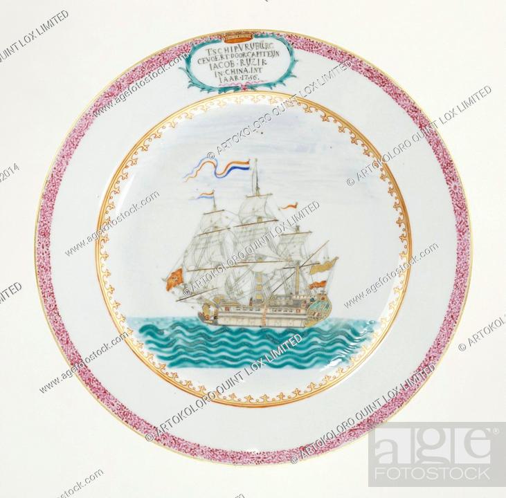 Stock Photo: Plate with an image of the Dutch VOC ship Vrijburg, Porcelain plate, painted on the glaze in blue, red, pink, green, black and gold.