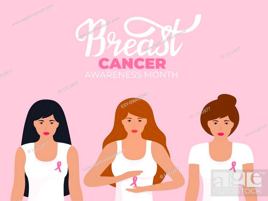 Stock Vector: National Cancer Awareness Month. A group of women in t-shirt with a pink ribbon.
