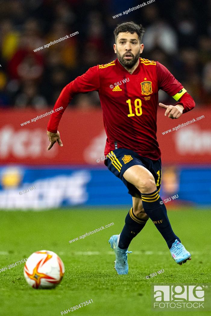 Stock Photo: Jordi Alba (Spain) in action during football match between Spain and Albania, at Cornella-El Prat Stadium on March 26, 2022 in Barcelona, Spain.