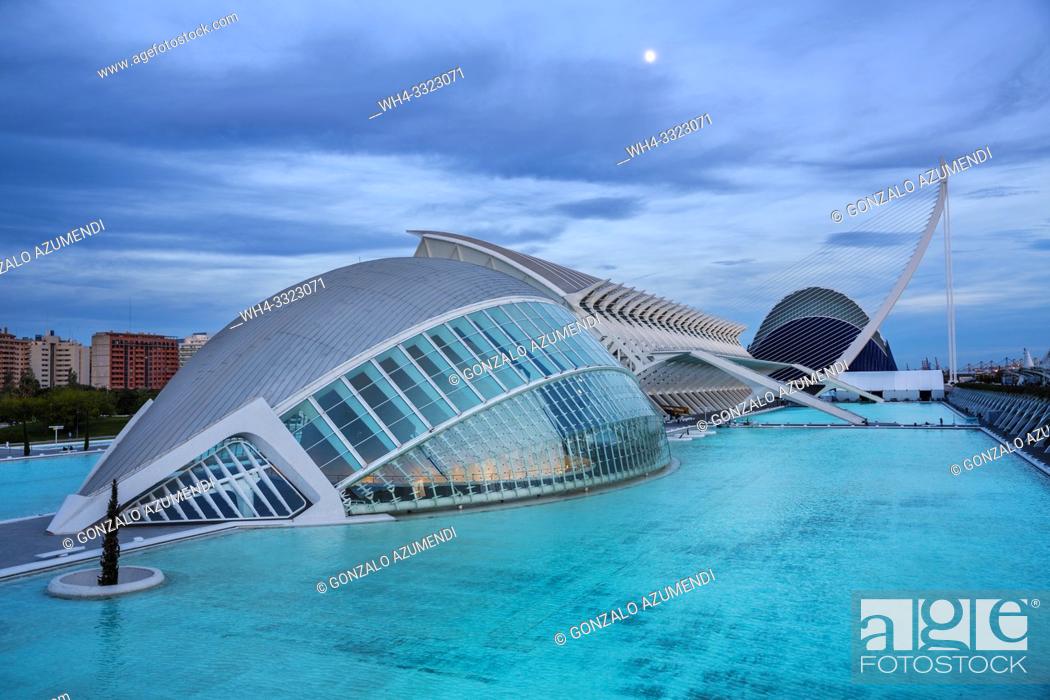 Stock Photo: In the foreground Hemisferic, in the middleground Principe Felipe Science Museum, and in the background Agora. City of Arts and Sciences.
