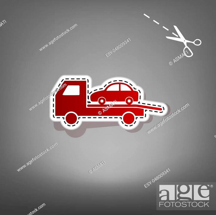 Stock Vector: Tow car evacuation sign. Vector. Red icon with for applique from paper with shadow on gray background with scissors.