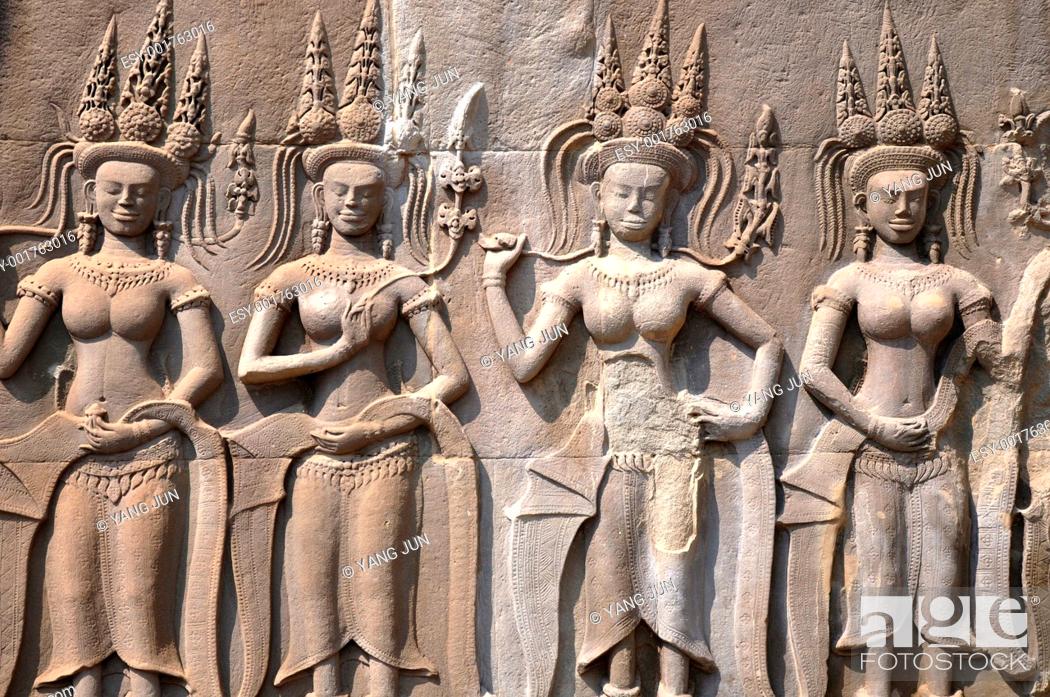 Stock Photo: Historic rock art of goddess at Angkor, Cambodia.