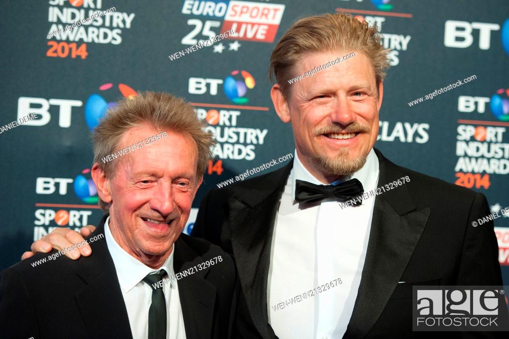 Stock Photo: BT Sport Industry Awards held at Battersea Evolution - Arrivals. Featuring: Denis Law, Peter Schmeichel Where: London, United Kingdom When: 08 May 2014 Credit:.