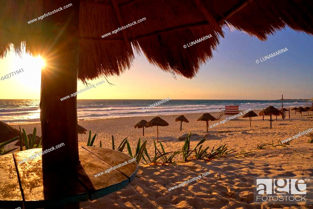 Stock Photo: Cancun sunrise at Delfines Beach at Hotel Zone of Mexico.