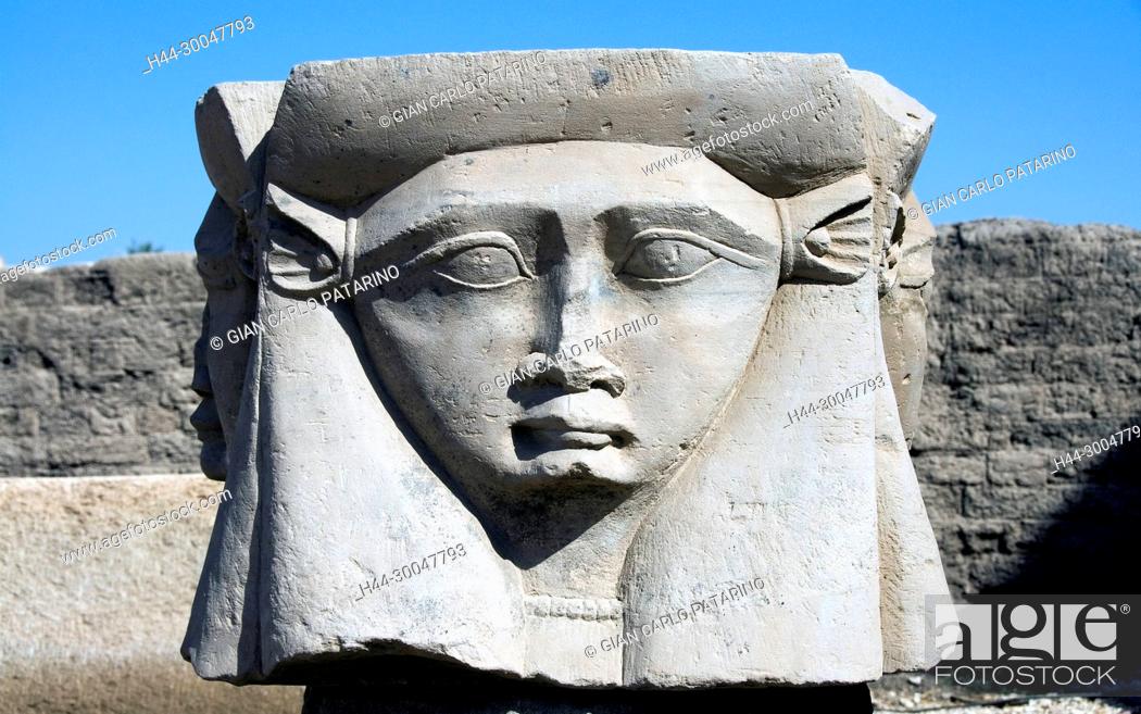 Stock Photo: Dendera Egypt, ptolemaic temple dedicated to the goddess Hathor: a capitol with the goddess Hathor.
