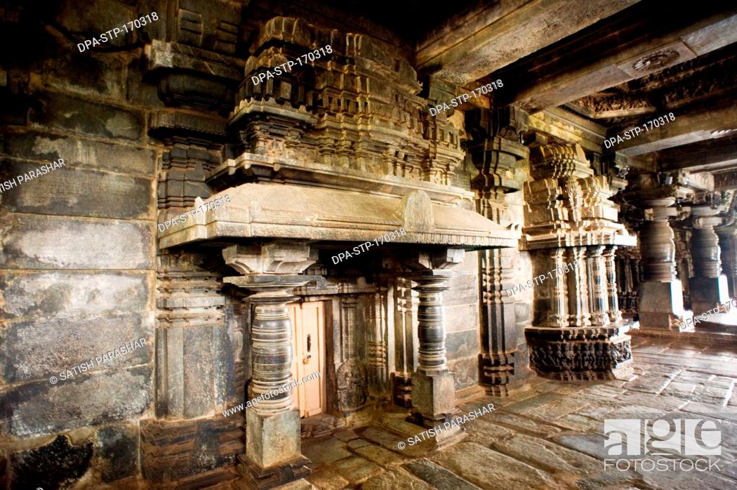 Stock Photo: Pillars in garbhagruha of hoysaleswara temple ; Halebid Halebidu ; Hassan ; Karnataka ; India.