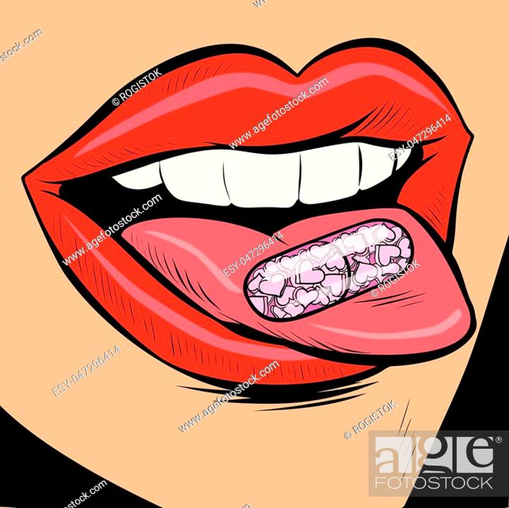 oral pill on a woman tongue. Comic cartoon pop art retro vector  illustration drawing, Stock Vector, Vector And Low Budget Royalty Free  Image. Pic. ESY-047296414 | agefotostock