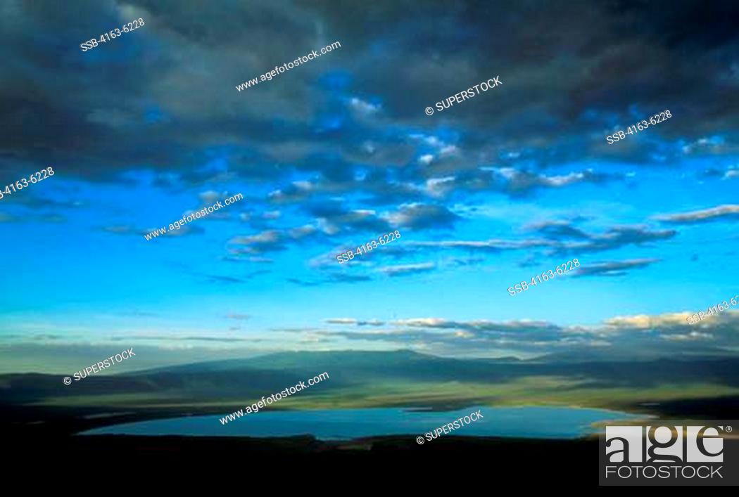 Stock Photo: TANZANIA, NGORONGORO CRATER, OVERVIEW FROM CRATER RIM AT DUSK.