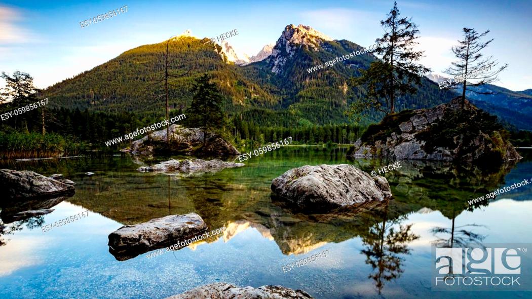 Stock Photo: The lake Hintersee in the bavarian Alps at Ramsau in Germany.