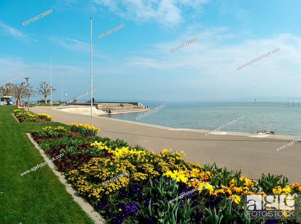 Stock Photo: Aarbon, SG / Switzerland - April 7, 2019: tourist and locals enjoy a beautiful spring day on the shores of Lake Constance in Switzerland.