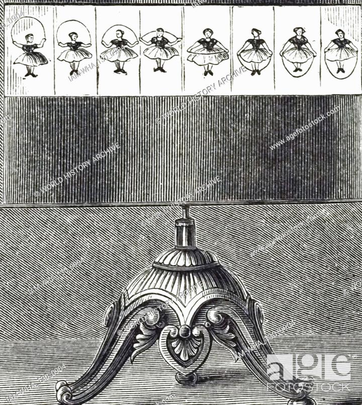 An engraving depicting a zoetrope, one of several pre-film animation  devices that produce the..., Stock Photo, Picture And Rights Managed Image.  Pic. IAM-WHA_130_0904 | agefotostock