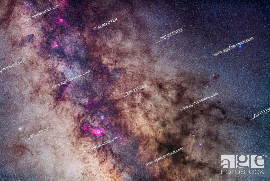 Stock Photo: A mosaic of the region around the Small Sagittarius Starcloud and Dark Horse dark nebula complex. The field takes in the Milky Way from the Lagoon Nebula at.