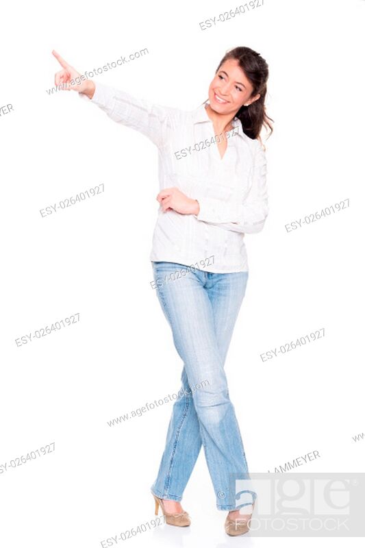 Photo de stock: middle-aged with a white blouse and blue jeans against white background.