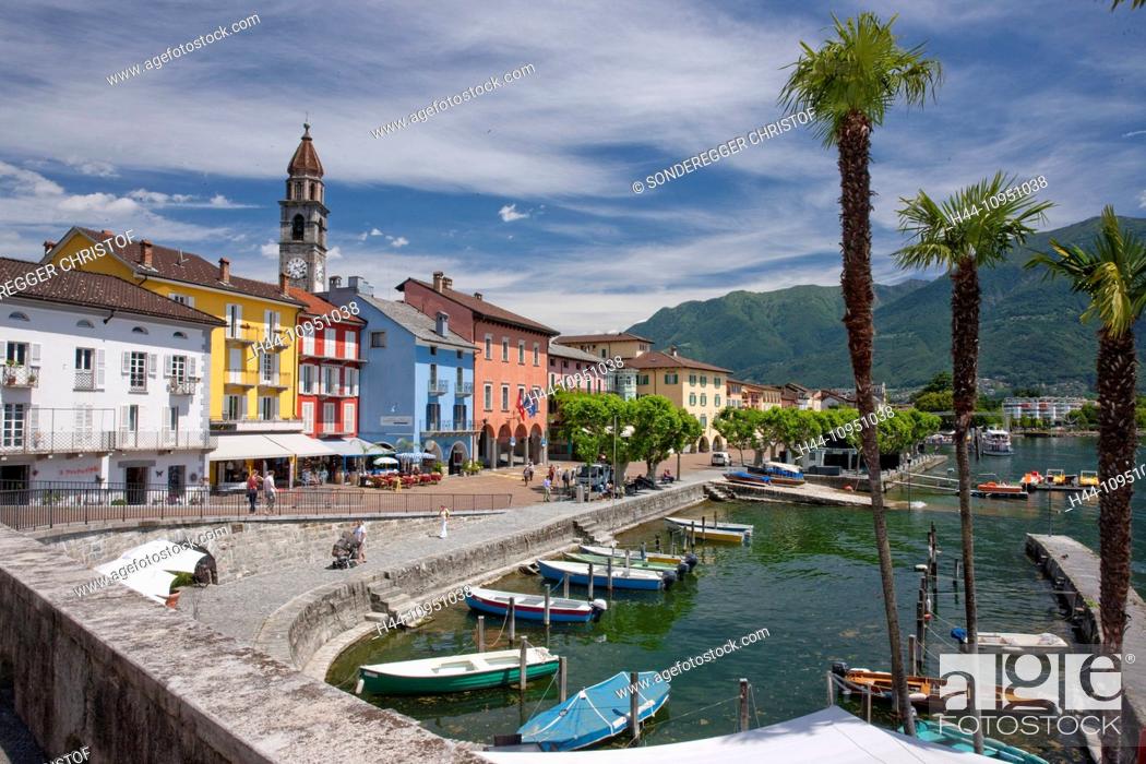 Stock Photo: Switzerland, Europe, lake, summer, canton, TI, Ticino, Southern Switzerland, Lago Maggiore, Ascona, village,.