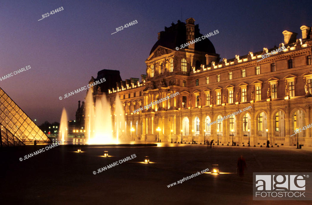 Stock Photo: The Louvre, Napoleon court and Glass Pyramid built by IM Pei. Paris. France.