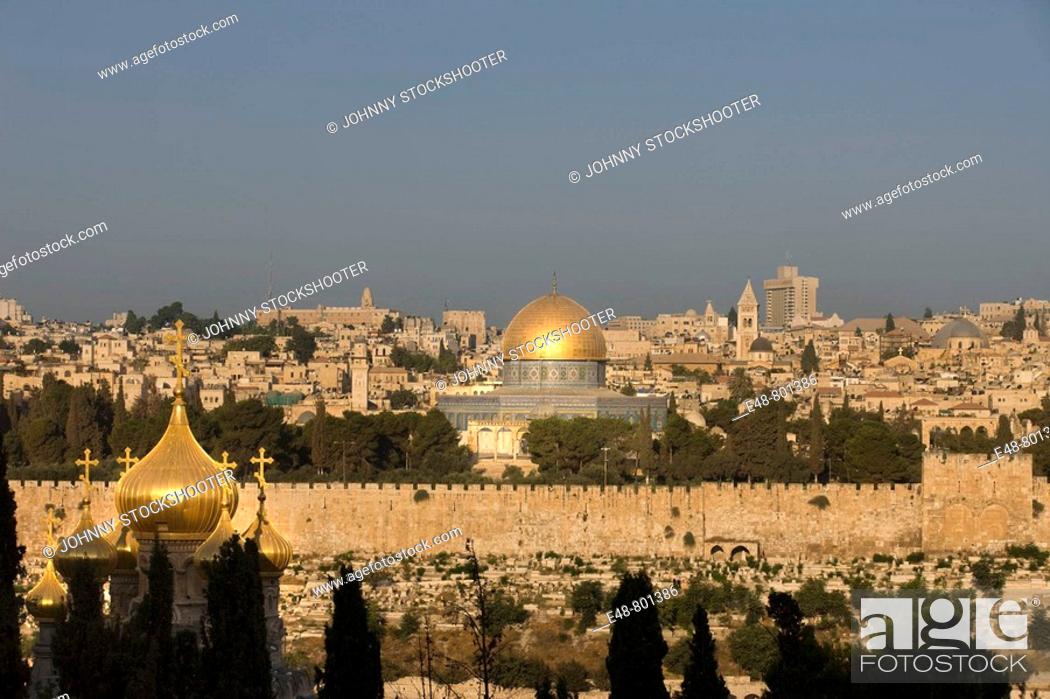 Stock Photo: Russian orthodox church domes and dome of the rock temple mount old city jerusalem. Israel.