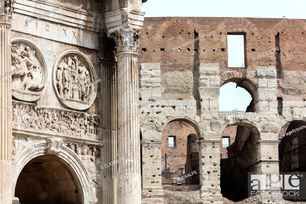 Stock Photo: Architectural details of the Arch of Constantine and Colosseum the largest amphitheatre ever built Rome Lazio Italy Europe.