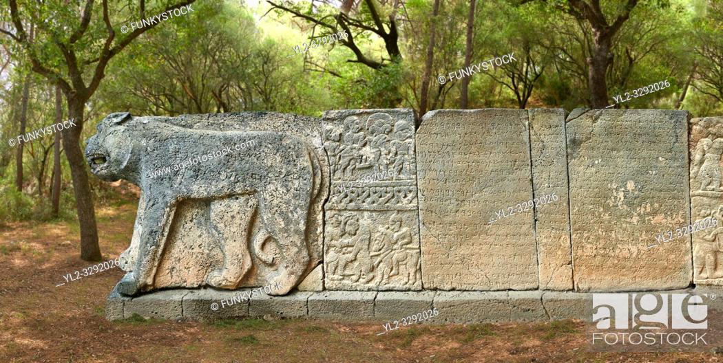Stock Photo: Pictures & images of the North Gate ancient Hittite stele stone slabs with stele of Hittite Gods, mythical beasts and lion as well as carvings of the Phoenician.