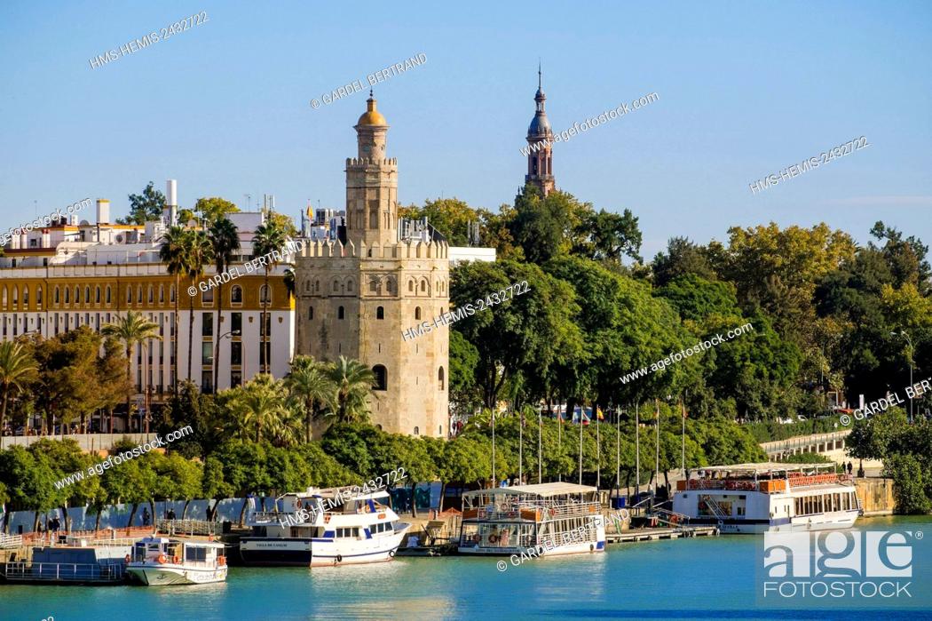 Stock Photo: Spain, Andalusia, Seville, on the Guadalquivir river, the Golden Tower (Torre del Oro), former military observation tower built in the early 13th century.