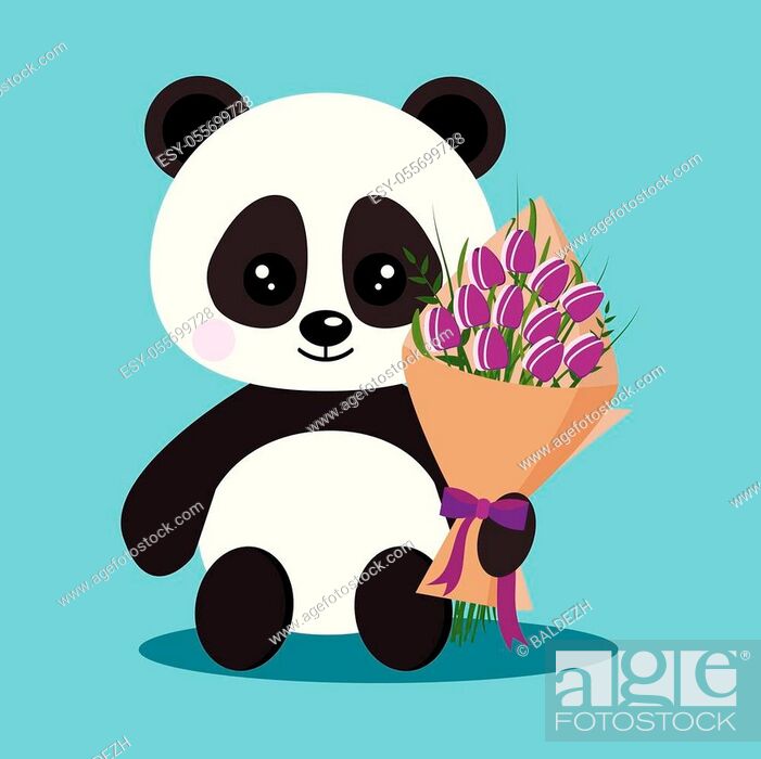 Isolated romantic sweet cute baby panda bear in sitting pose with bouquet  of purple tulips in paw, Foto de Stock, Vector Low Budget Royalty Free.  Pic. ESY-055699728 | agefotostock