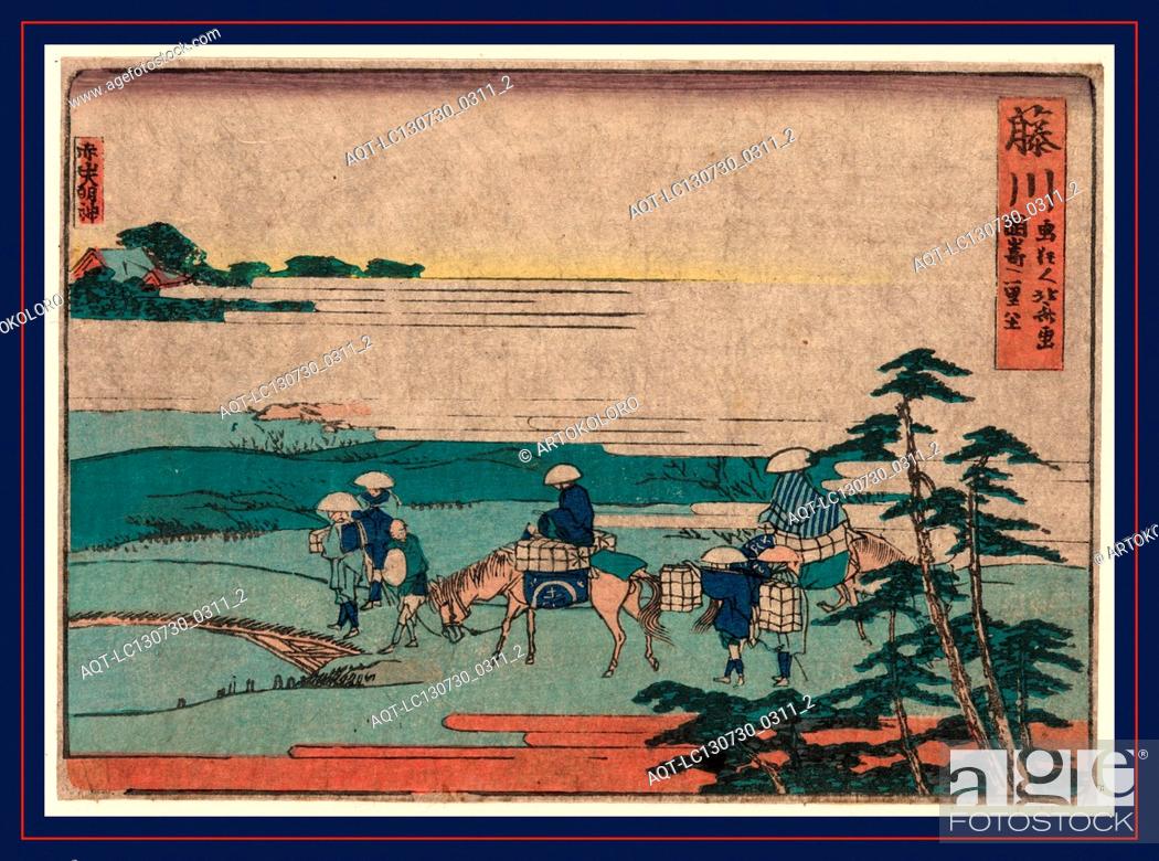 Stock Photo: Fujikawa, Katsushika, Hokusai, 1760-1849, artist, 1804., 1 print : woodcut, color ; 12 x 16.8 cm., Print shows several pilgrims, two on horseback.
