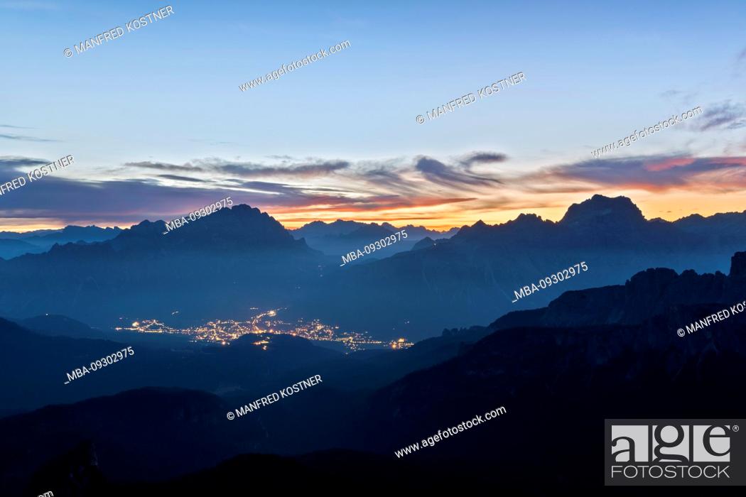 Stock Photo: Cortina d'Ampezzo, Belluno, Veneto. Italy. View before sunrise from the summit of Ra Gusela in the basin of Cortina d 'Ampezzo.
