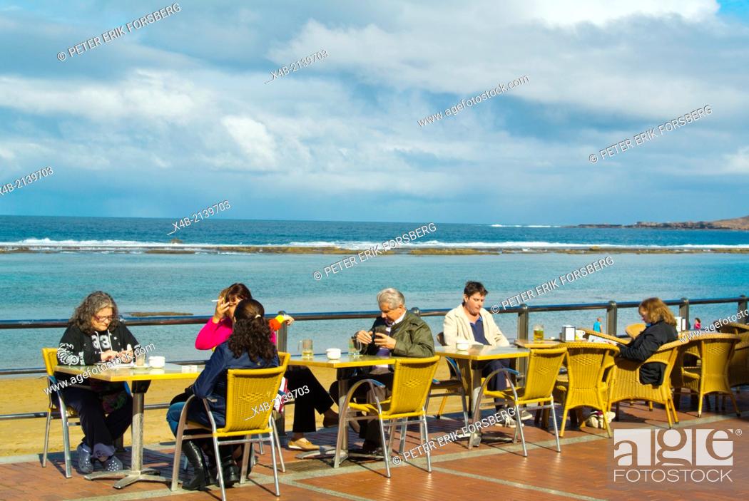 Stock Photo: Cafe terrace along Paseo Cantera beach promenade, Las Palmas de Gran Canaria, the Canary Islands, Spain, Europe.