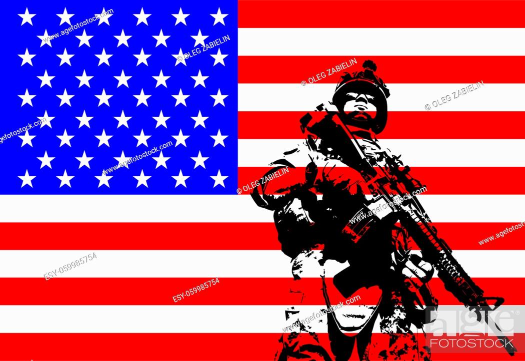 Vector: Soldier holding his gun with the American flag on the background.