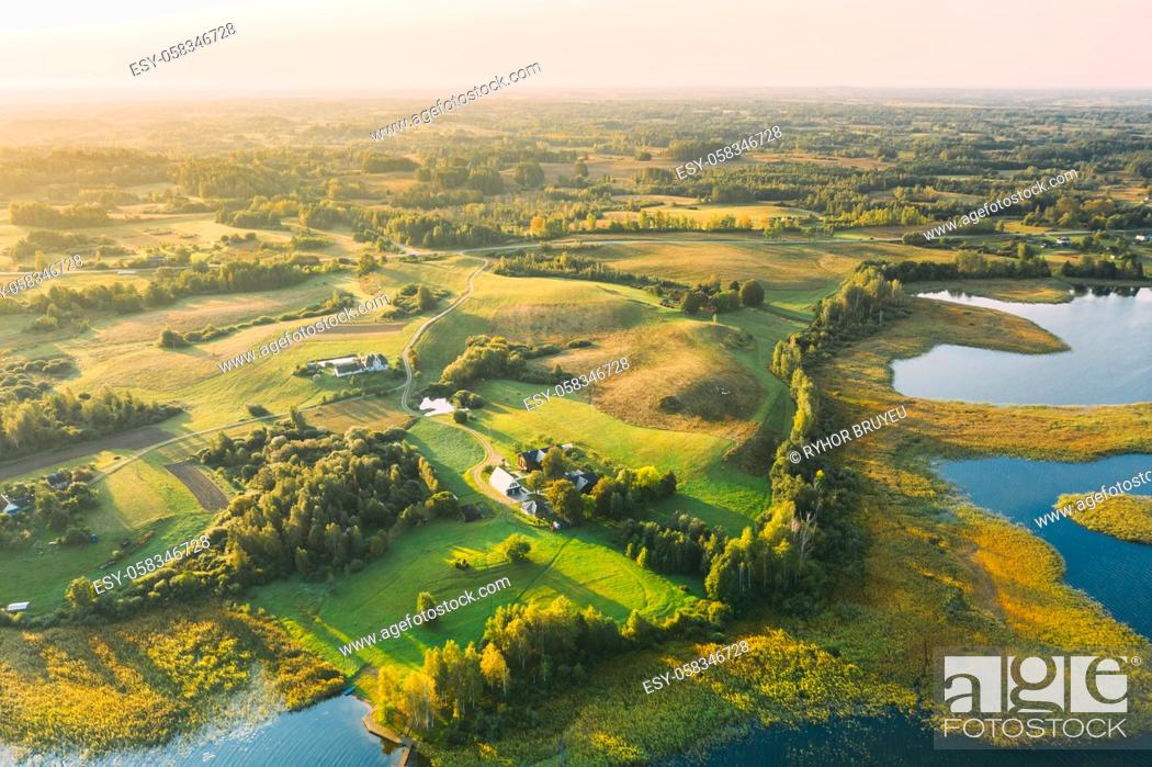 Stock Photo: Braslaw Or Braslau, Vitebsk Voblast, Belarus. Aerial View Of Peninsula Maskovichi Near Nedrava Lake. Landscape In Sunny Morning.