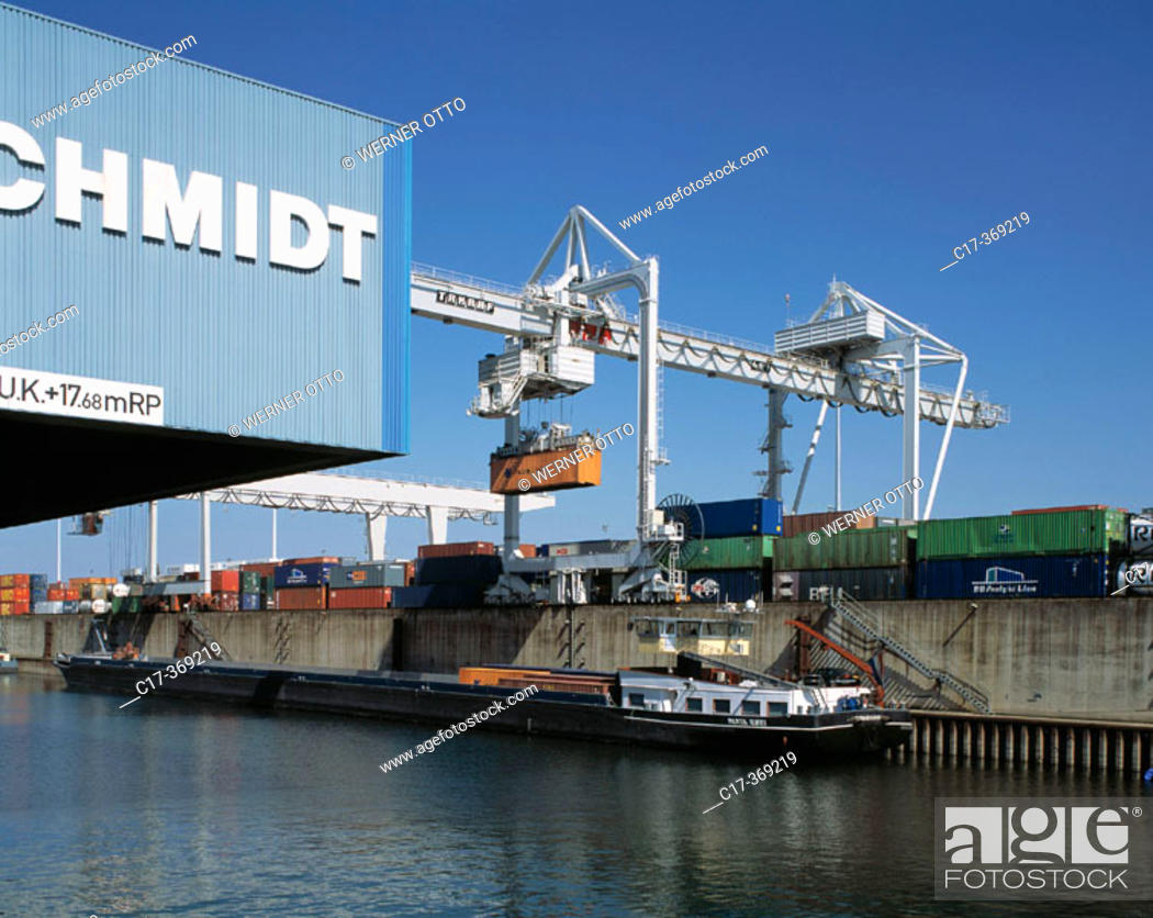 Stock Photo: Germany, North Rhine-Westphalia, Duisburg, Rhine river, inner harbour, container terminal.