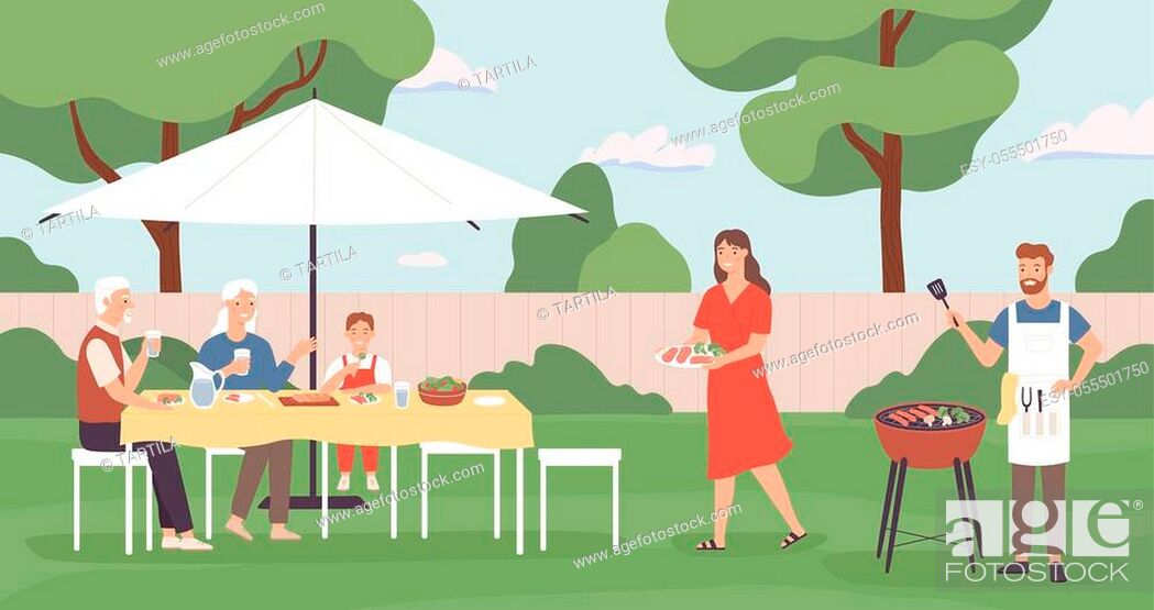 Stock Vector: People at barbecue. Happy family, friends spending time in backyard home picnic, cooking grill and talking, leisure outdoors vector concept.
