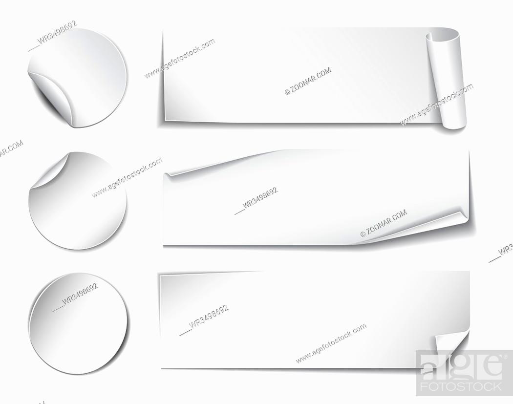 Stock Photo: Set of white rectangular and round promotional paper stickers on white background. Vector illustration.
