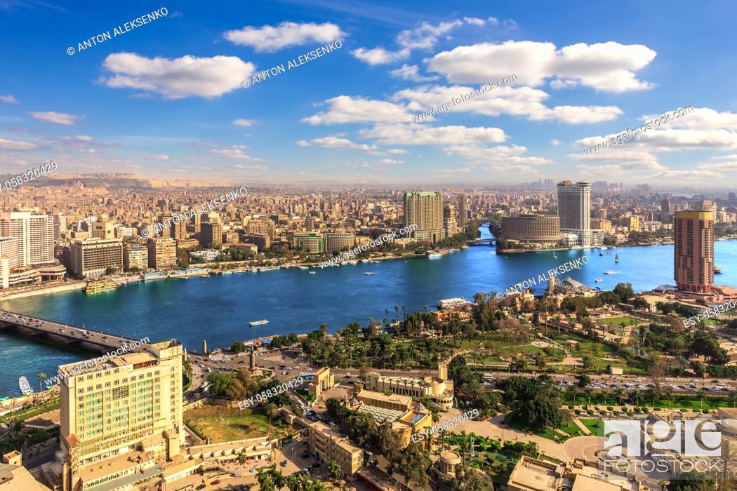 Stock Photo: NIle view in Cairo downtown, aerial panorama, Egypt.